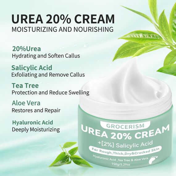 2 Packungen Urea Creme 20% 150 Gramm || Hornhautentferner Fußcreme, Handcreme, Bodylotion mit Hyaluronsäure, Teebaum und Aloe Vera für tiefe Feuchtigkeit, Kallusentferner und Erweichung