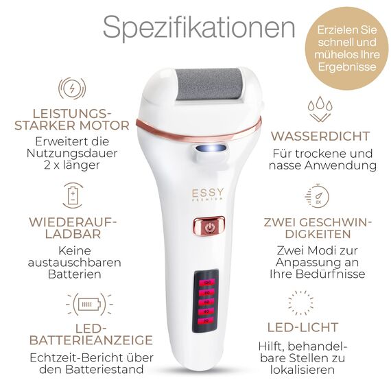 Essy Hornhautentferner Elektrisch Testsieger mit 5 Ersatzrollen Hornhaut Entfernen Elektrischer Hornhautentferner Fußpflegegerät Pediküre Set Elektronisch Fußpflege Hornhautfeile (White)