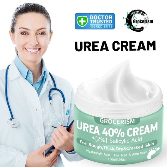 Urea Creme 40 prozent 150 Gramm || Hornhautentferner Fußcreme, Handcreme, Bodylotion mit Hyaluronsäure, Teebaum und Aloe Vera für tiefe Feuchtigkeit, Kallusentferner und Erweichung