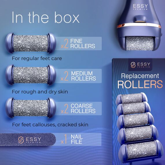 Essy Hornhautentferner Elektrisch mit 5 Ersatzrollen Hornhaut Entfernen Fuß Elektrischer Hornhautentferner Elektrisch Testsieger Elektrische Hornhautentfernung Hornhaut Pediküre Set Fußpflege (Blau)