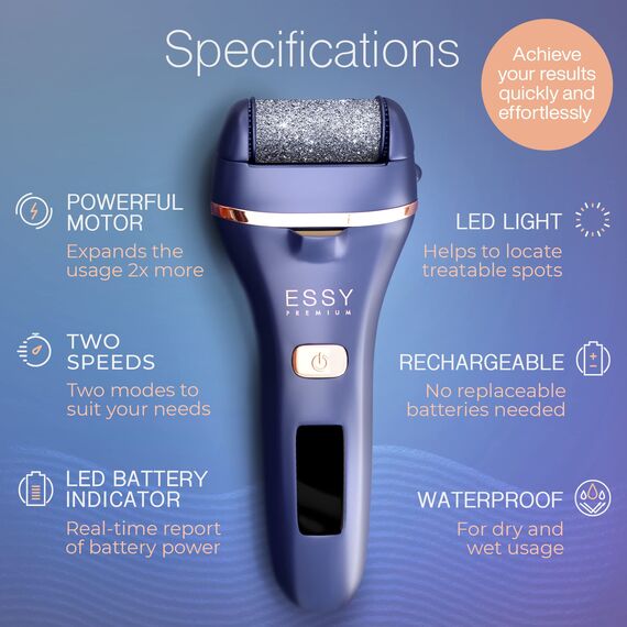 Essy Hornhautentferner Elektrisch mit 5 Ersatzrollen Hornhaut Entfernen Fuß Elektrischer Hornhautentferner Elektrisch Testsieger Elektrische Hornhautentfernung Hornhaut Pediküre Set Fußpflege (Blau)