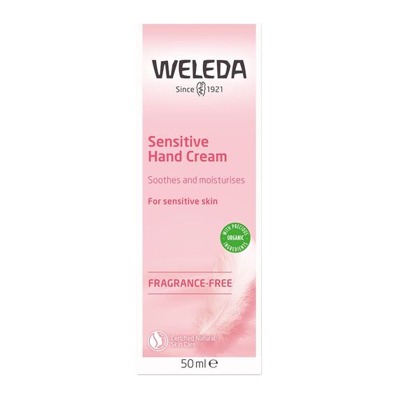 WELEDA Bio Handcreme Sensitiv - parfümfreie Naturkosmetik Handpflege Creme für sensible, empfindliche Haut, Nachhaltige, vegane Feuchtigkeitscreme mit Jojobaöl & Kokosöl für Frauen & Männer (1x50ml)