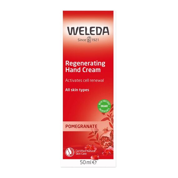 WELEDA Bio Intensiv Handcreme Granatapfel - Naturkosmetik Handpflege Creme beugt Pigmentflecken vor, Nachhaltige Feuchtigkeitscreme mit Sheabutter & Orange-Vanille Duft für trockene Hände (1x 50ml)