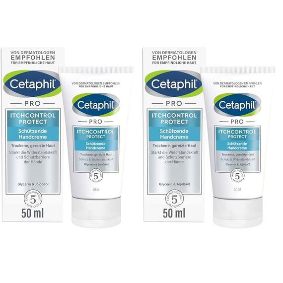 CETAPHIL PRO ItchControl Protect Schützende Handcreme, 50ml, Für sehr trockene und gereizte Hände, Stärkt die Widerstandskraft der Hände, Mit Jojoba-Öl und Glycerin (Packung mit 2)