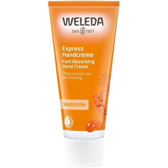 WELEDA Bio Express Handcreme Sanddorn - Naturkosmetik Handpflege Creme für trockene Hände. Nachhaltige Feuchtigkeitscreme für Frauen & Männer mit Grapefruit, Mandarine & Sandelholz Duft (1x 50ml)