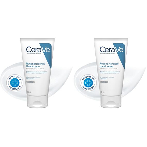 CeraVe Regenerierende Handcreme, Sanfte Creme bei empfindlicher Haut, Ohne Duftstoffe, Bei Neurodermitis oder Allergien, Mit Hyaluronsäure und essenziellen Ceramiden, 50 ml (Packung mit 2)