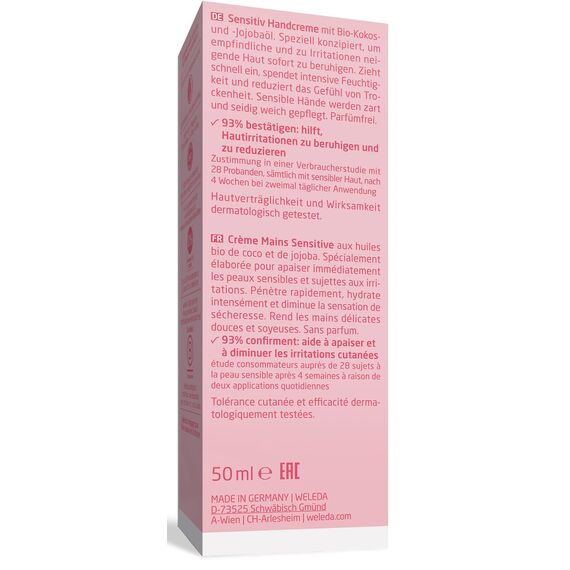 WELEDA Bio Handcreme Sensitiv - parfümfreie Naturkosmetik Handpflege Creme für sensible, empfindliche Haut, Nachhaltige, vegane Feuchtigkeitscreme mit Jojobaöl & Kokosöl für Frauen & Männer (1x50ml)