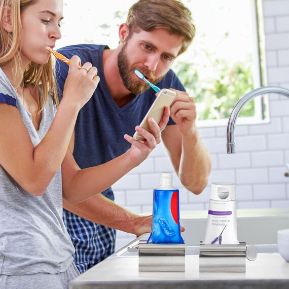 Zivacate 2er-Pack Zahnpasta Tubenquetscher, Rollender Tuben-Zahnpastaspender aus Edelstahl, mit Zahnpastahalter-Sitzfunktion