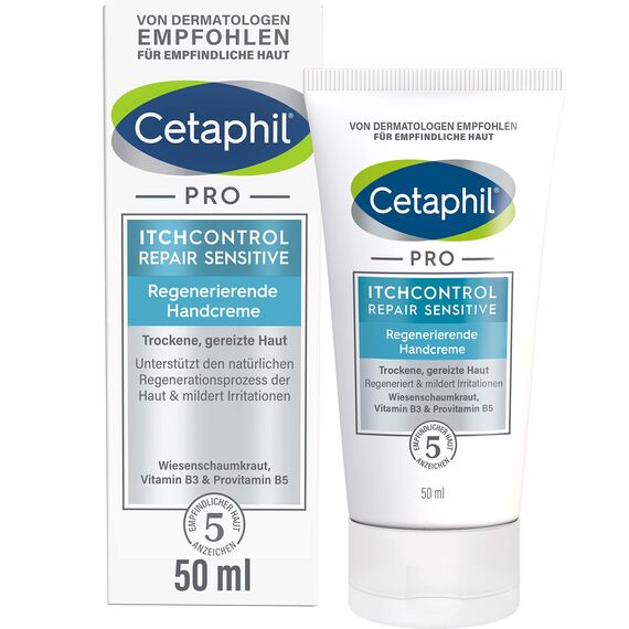 CETAPHIL PRO ItchControl Repair Sensitive Regenerierende Handcreme, 50ml, Für juckende, trockene und gereizte Hände, Glättet raue Hände & mildert Irritationen z.B. durch häufiges Händewaschen