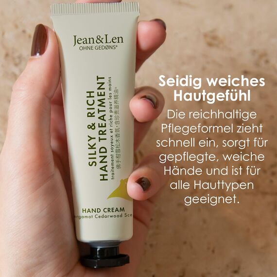 Jean & Len Mini Silky & Rich Hand Treatment Bergamot & Cedarwood, praktische Reisegröße, für weiche Hände, Handcreme mini, ohne Parabene & Silikone, vegan, 30 ml