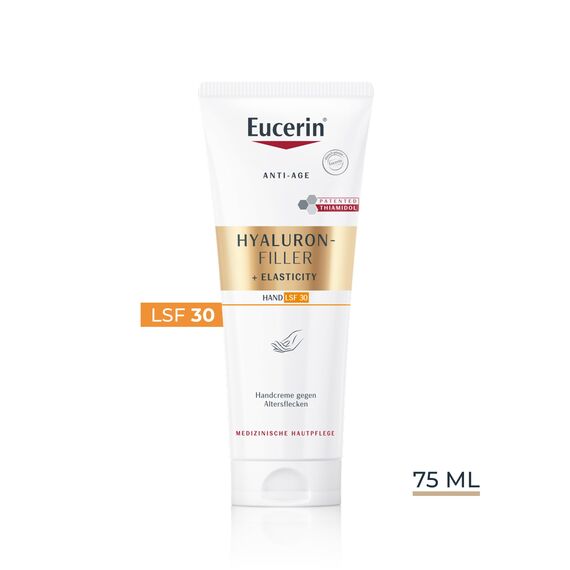 Eucerin Hyaluron-Filler + Elasticity Handcreme gegen Altersflecken LSF 30 75 ml, Anti-Aging Hautpflege für die Hände, Lotion mit Thiamidol, Hyaluronsäure und Arctiin
