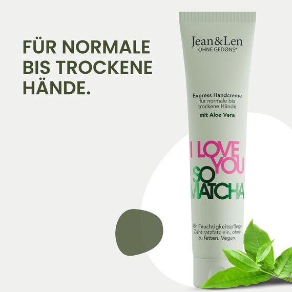 Jean & Len Handcreme I Love You So Matcha, für normale bis trockene Hände, versorgt die Hände mit Feuchtigkeit, zieht schnell ein, vegane Handpflege, ohne Parabene & Silikone, 75 ml (Packung mit 2)