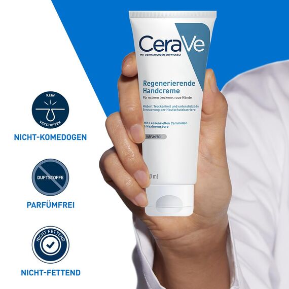 CeraVe Regenerierende Handcreme, Sanfte Creme bei empfindlicher Haut, Ohne Duftstoffe, Bei Neurodermitis oder Allergien, Mit Hyaluronsäure und essenziellen Ceramiden, 100 ml