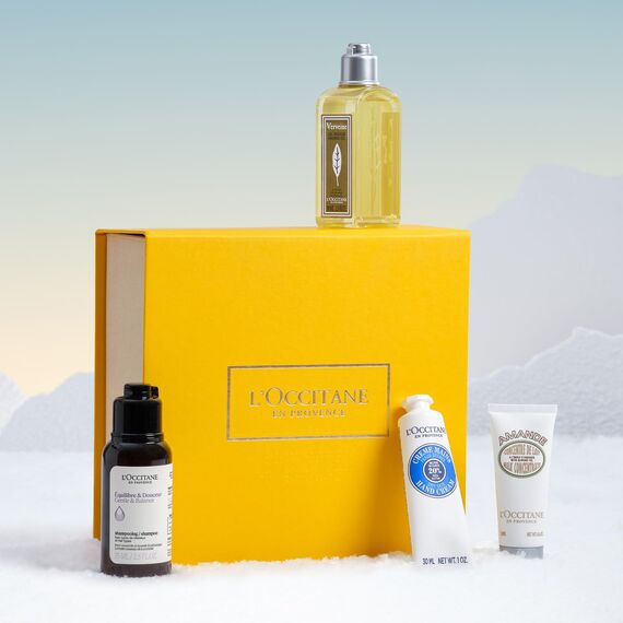 L'OCCITANE - Set Das der Provence – Sheabutter Handcreme, Duschgel Verbene, Ausgleichendes und Sanftes Shampoo und Körpermilch-Konzentrat Mandel – In Frankreich hergestellt