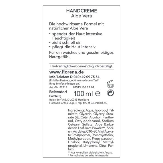 Florena Handcreme Bio-Aloe Vera, 100 ml