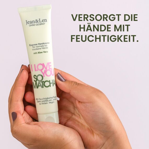 Jean & Len Handcreme I Love You So Matcha, für normale bis trockene Hände, versorgt die Hände mit Feuchtigkeit, zieht schnell ein, vegane Handpflege, ohne Parabene & Silikone, 75 ml (Packung mit 2)