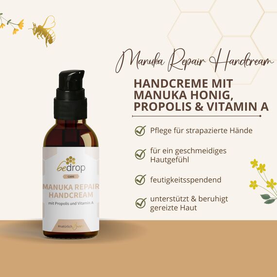 bedrop Manuka Repair Handcream feuchtigkeitsspendende Handcreme mit Manuka Honig, Bienenwachs, Propolis & Vitamin A bei beanspruchten & gerissenen Hände anwendbar - (3x 25ml Sparset)