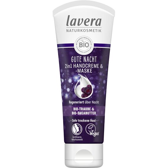 lavera Gute Nacht 2in1 Handcreme & -maske - zertifizierte Naturkosmetik - vegan - Bio Traube & Bio Shea Butter - 75ml