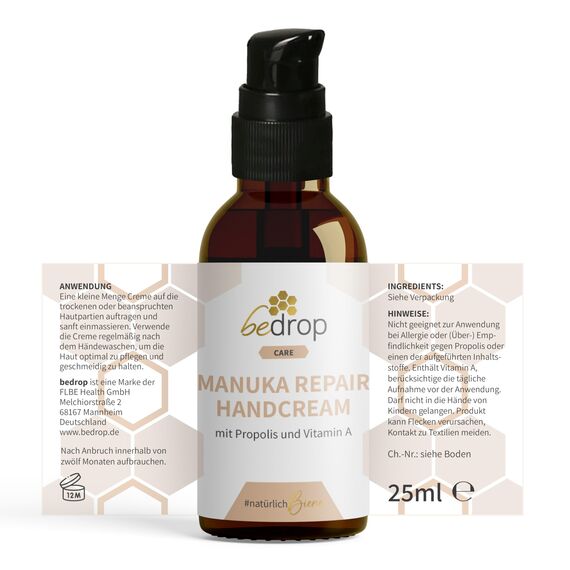 bedrop Manuka Repair Handcream feuchtigkeitsspendende Handcreme mit Manuka Honig, Bienenwachs, Propolis & Vitamin A bei beanspruchten & gerissenen Hände anwendbar - (3x 25ml Sparset)