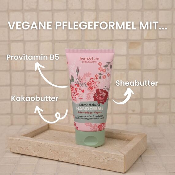 Jean & Len Handcreme Pfingstrose & Litschi, spendet normalen & trockenen Händen Feuchtigkeit, mit Provitamin B5, Shea- und Kakaobutter, vegane Handpflege, ohne Parabene & Silikone, 75 ml