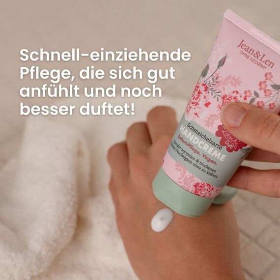Jean & Len Handcreme Pfingstrose & Litschi, spendet normalen & trockenen Händen Feuchtigkeit, mit Provitamin B5, Shea- und Kakaobutter, vegane Handpflege, ohne Parabene & Silikone, 75 ml