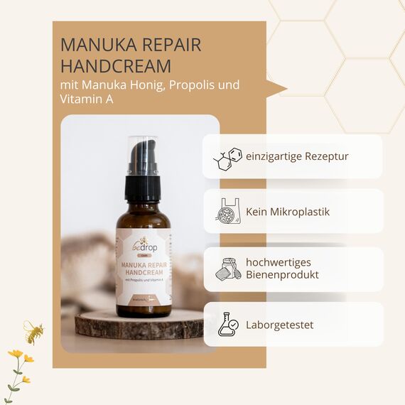 bedrop Manuka Repair Handcream feuchtigkeitsspendende Handcreme mit Manuka Honig, Bienenwachs, Propolis & Vitamin A bei trockenen & rissigen Händen anwendbar