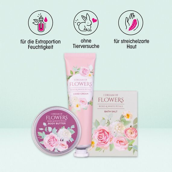 Accentra – Badeset Frauen Geschenkset I DREAM OF FLOWERS in schöner Geschenkbox – 3-teiliges Pflegeset mit Handcreme, Körperbutter und Badesalz – Geschenk Set zum Valentinstag & Muttertag