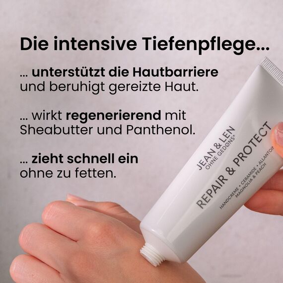 Jean & Len Handcreme Repair und Protect, für sehr trockene und rissige Hände, versorgt die Haut mit Feuchtigkeit, zieht schnell ein, vegane Handpflege, ohne Parabene und Silikone, 75 ml