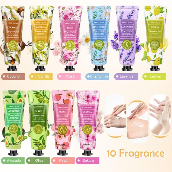 Handcreme Set, Mini Handcreme Geschenkset, 10 x 30ml Handcremes Damen Duft Hände Fuß Feuchtigkeitscreme für Trockene und Rissige Hände, Kleine Geschenk für Frauen, Weihnachten & Geburtstags Geschenk