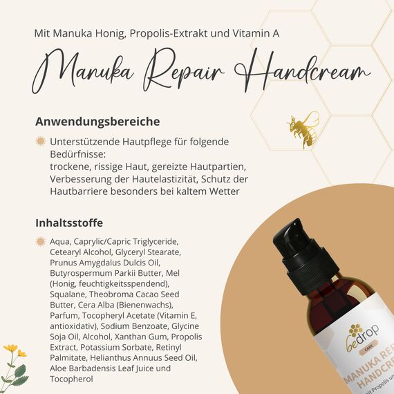 bedrop Manuka Repair Handcream feuchtigkeitsspendende Handcreme mit Manuka Honig, Bienenwachs, Propolis & Vitamin A bei trockenen & rissigen Händen anwendbar
