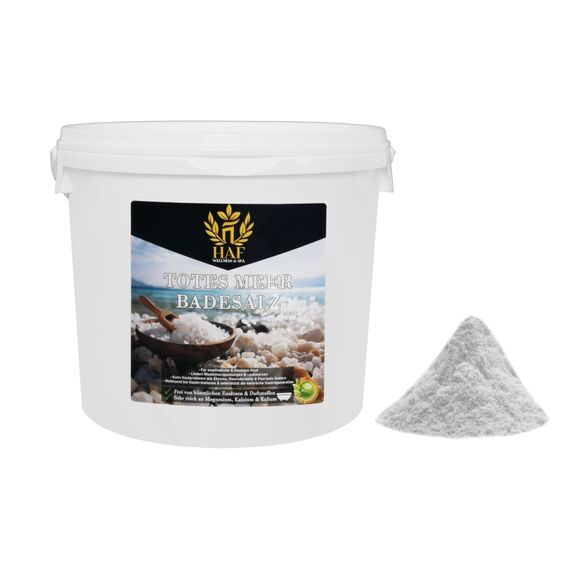 HAF® Premium Totes Meer Badesalz für empfindliche & trockene Haut | Meersalz 100% naturrein aus Jordanien für den Stressabbau | Mineralsalz für guten Schlaf & zur Körperpflege | 5 kg im Eimer