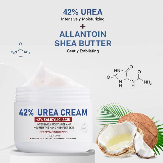 OUKEYA Urea Creme 42% mit 2% Salicylsäure, Fusscreme Feuchtigkeit & Reparatur für Trockene, Füße, Fersen, Knie, Urea Handcreme für Hände, Hornhautentferner, Entfernt Hühneraugen, Tote Haut, 2 x 150 g