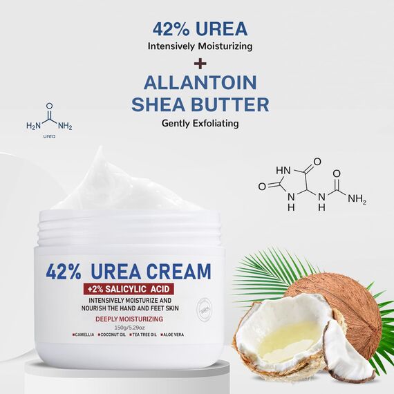 OUKEYA Urea Creme 42% mit 2% Salicylsäure, Fusscreme Feuchtigkeit & Reparatur für Trockene, Füße, Fersen, Knie, Urea Handcreme für Hände, Fußcreme, Hornhautentferner, Entfernt Hühneraugen, Tote Haut
