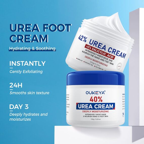 OUKEYA 40% Urea Fußcreme & 42% Urea + 2% SA Creme Neue Formel Set, Intensive Pflege für Trockene, Rissige Füße, Fersen & Hände, Peeling & Tiefenfeuchtigkeit, 2 x 150g