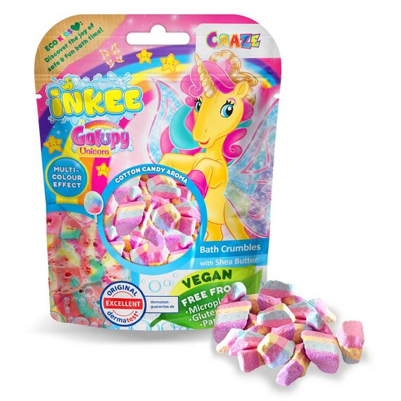 INKEE Badestreusel Galupy Unicorn Komplettes Verkaufsdisplay| 6x 100g Badesalz Kinder mit 4 Farbschichten- Mit Zuckerwatten-Aroma und Kakaobutter