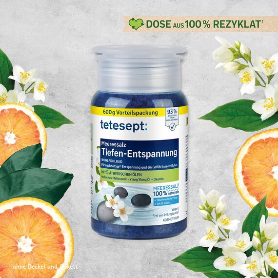tetesept Meeressalz Tiefen-Entspannung Bad – Gesundheitsbad für ein Gefühl innerer Ruhe mit 5 ätherischen Ölen – Wohltuender Badezusatz mit natürlichem Meeressalz – 4 x 600 g
