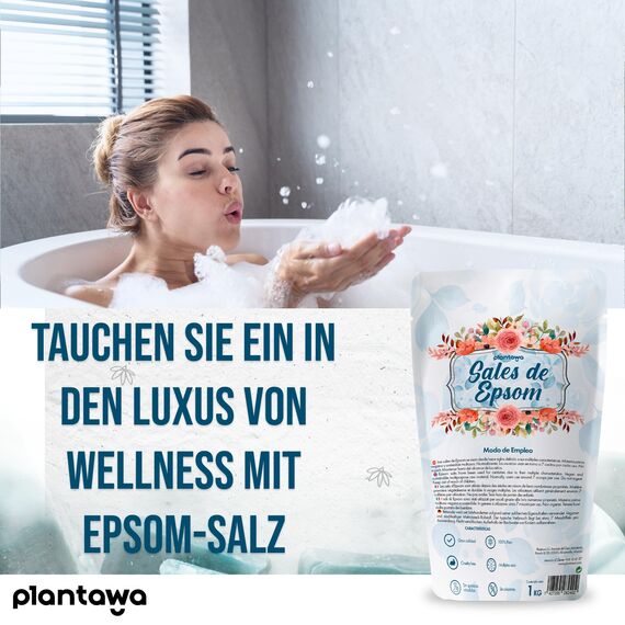 PLANTAWA Epsom Salz 1KG | Reines Magnesiumsulfat Badesalz | Schäumendes Magnesium Bad für Muskelentspannung | Natürliche Aromatherapie für Erholsamen Schlaf | Ohne Zusatzstoffe und 100% Natürlich