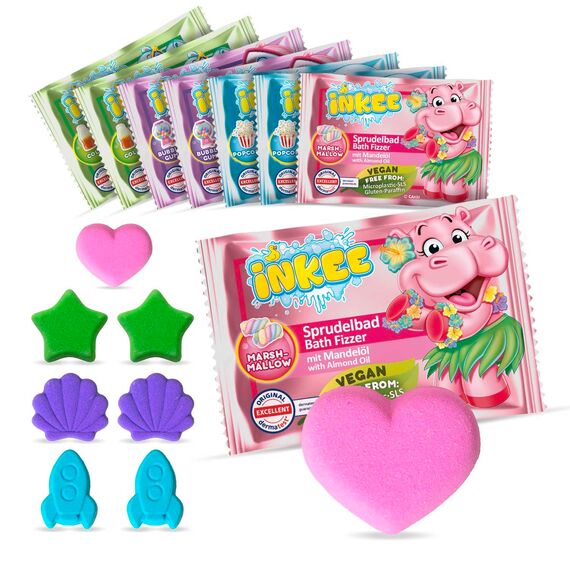 INKEE Bath Fizzer Mix 8er Pack - 8x Sprudelbad Kinder Badebomben mit Mandelöl, Badekugeln 8x 20g mit Aroma - Kinder Badezusatz
