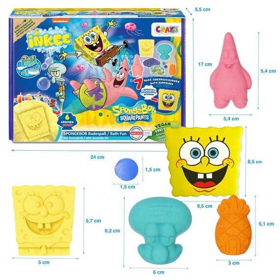 INKEE Geschenkbox SPONGE BOB Badeset 7 Badezusätze, SpongeBob Schwammkopf Badekugeln & Badesalz Kinder mit Avocado Öl + Accessoire - spielzeug ab 3 jahre