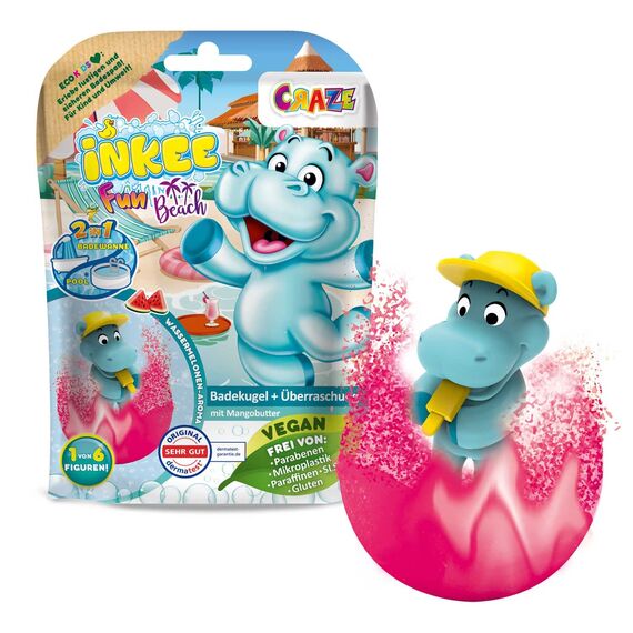 INKEE FUN BEACH | Badekugel Kinder mit Überraschung, Badebombe Kinder mit Hippo Stempel, Mit Mangobutter & Wassermelone-Duft