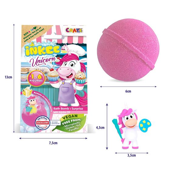 INKEE Surprise UNICORN PROFESSIONS 5x Badebomben Kinder mit Überraschung, 5 Einhörner zum Sammeln - 5x 100g Einhorn Badebombe mit Bananenmilchshake-Aroma und Jojobaöl, Rosa oder Grün