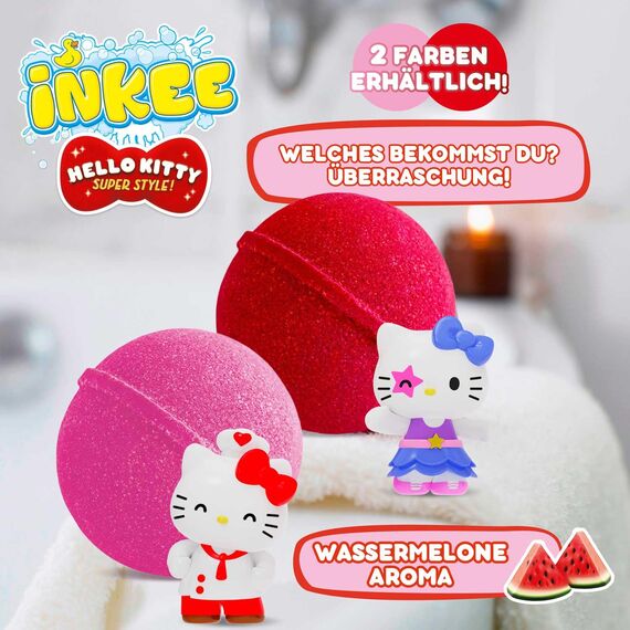 INKEE Hello Kitty - Badebombe Kinder mit Überraschung - 1 von 6 Hello Kitty Figuren zum Sammeln - Badekugel 80g mit Wassermelone-Aroma und Jojobaöl, Rosa oder Rot
