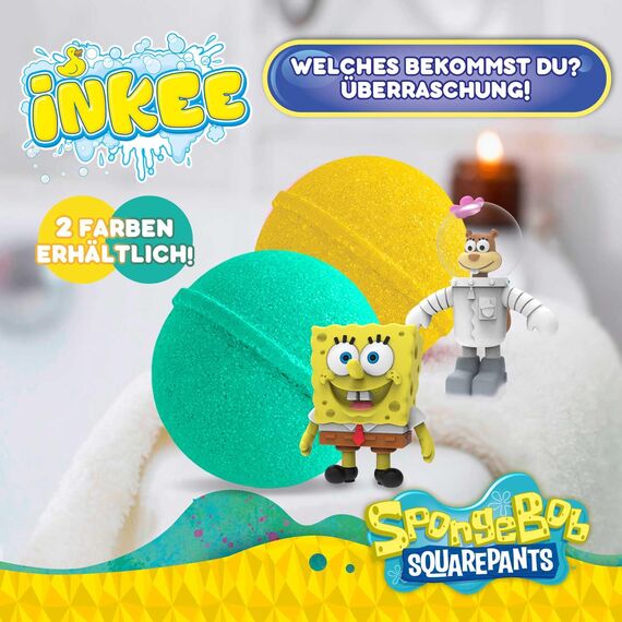 INKEE SpongeBob - Badebombe Kinder mit Überraschung - SpongeBob Schwammkopf Figuren zum Sammeln - Badekugel 80g mit Burgergummi-Aroma und Jojobaöl, Türkis oder Gelb