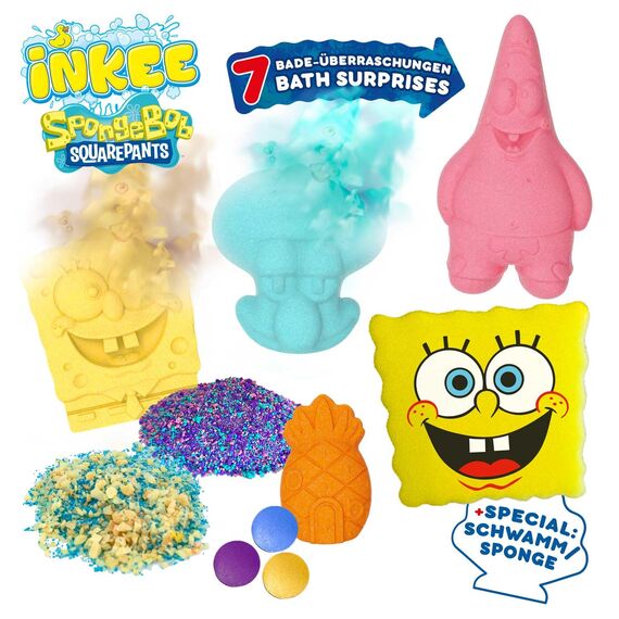 INKEE Geschenkbox SPONGE BOB Badeset 7 Badezusätze, SpongeBob Schwammkopf Badekugeln & Badesalz Kinder mit Avocado Öl + Accessoire - spielzeug ab 3 jahre
