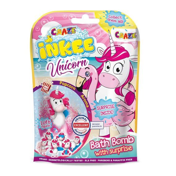 INKEE SURPRISE UNICORN BEACH | Einhorn Badekugel mit Überraschung, Badebombe mit Einhornfigur, Pop Corn Aroma, dermatologisch getestet, 1 Stück (2er Pack)