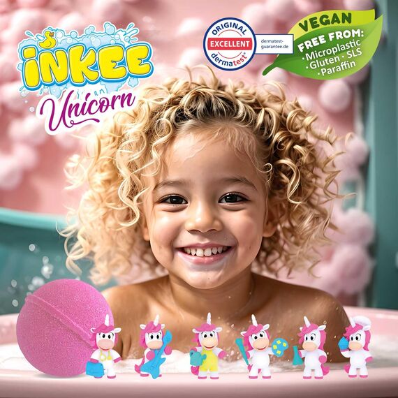 INKEE Surprise UNICORN PROFESSIONS 5x Badebomben Kinder mit Überraschung, 5 Einhörner zum Sammeln - 5x 100g Einhorn Badebombe mit Bananenmilchshake-Aroma und Jojobaöl, Rosa oder Grün
