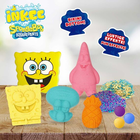INKEE Geschenkbox SPONGE BOB Badeset 7 Badezusätze, SpongeBob Schwammkopf Badekugeln & Badesalz Kinder mit Avocado Öl + Accessoire - spielzeug ab 3 jahre