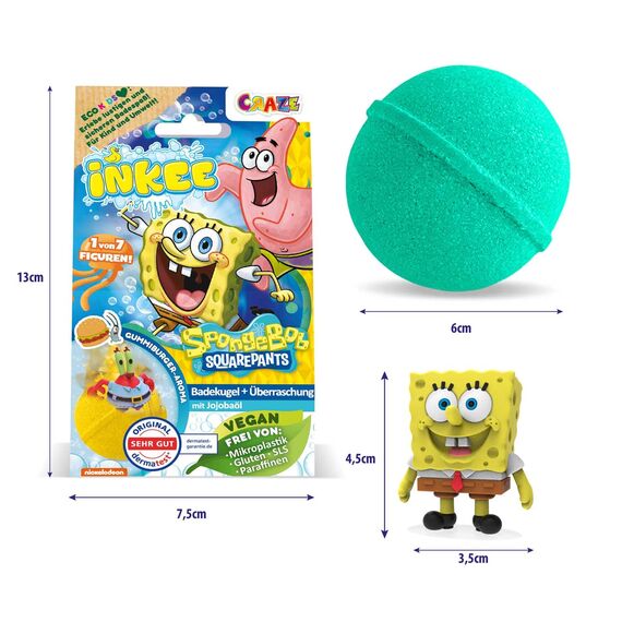INKEE SpongeBob 5er Pack - Badebomben Kinder mit Überraschung - SpongeBob Schwammkopf Figuren zum Sammeln - 5x Badekugeln 80g mit Burgergummi-Aroma und Jojobaöl, Türkis oder Gelb