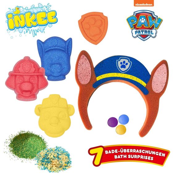 INKEE - Bade-Set Paw Patrol – Geschenkset mit 7 Badezusätzen, parfümiertem Kinderbadesalz & Zubehör, Jojobaöl