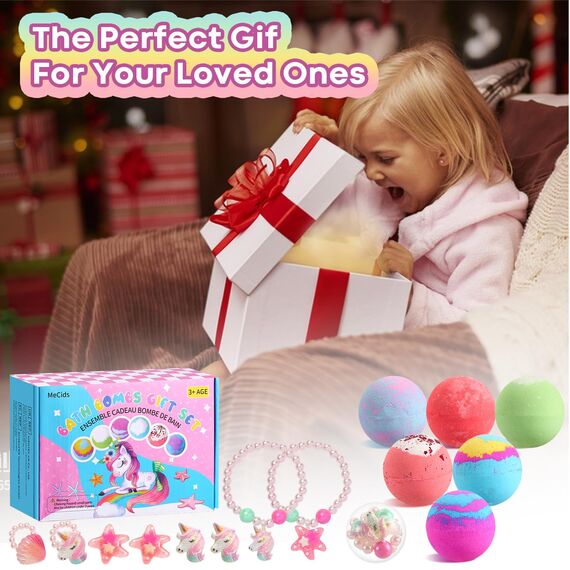 MeCids Bio Badebomben für Kinder mit Überraschungsspielzeug innen, 6-Pack mit Armbändern und Ringen, Bubble Badebomben Kit für Mädchen Geburtstag und Weihnachten